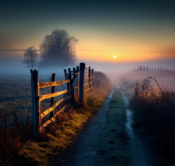 morning foggy landscape with path and fence at beautiful sunrise in countryside