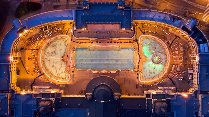 Fototapeta na wymiar Europe, Hungary, Budapest. Aerial Photo from a thermal bath in Budapest. Szechenyi thermal bath is located center of Budapest.