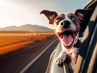 happy dog with head out of the car window having fun - obrazy, fototapety, plakaty