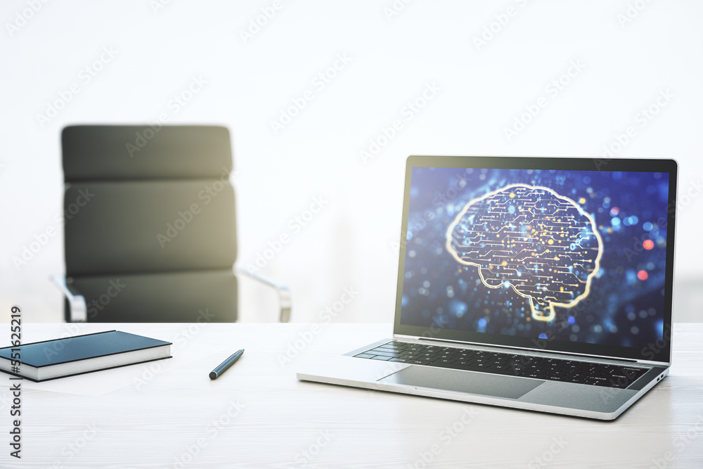Poster creative artificial intelligence concept with human brain sketch on modern laptop monitor. 3d render