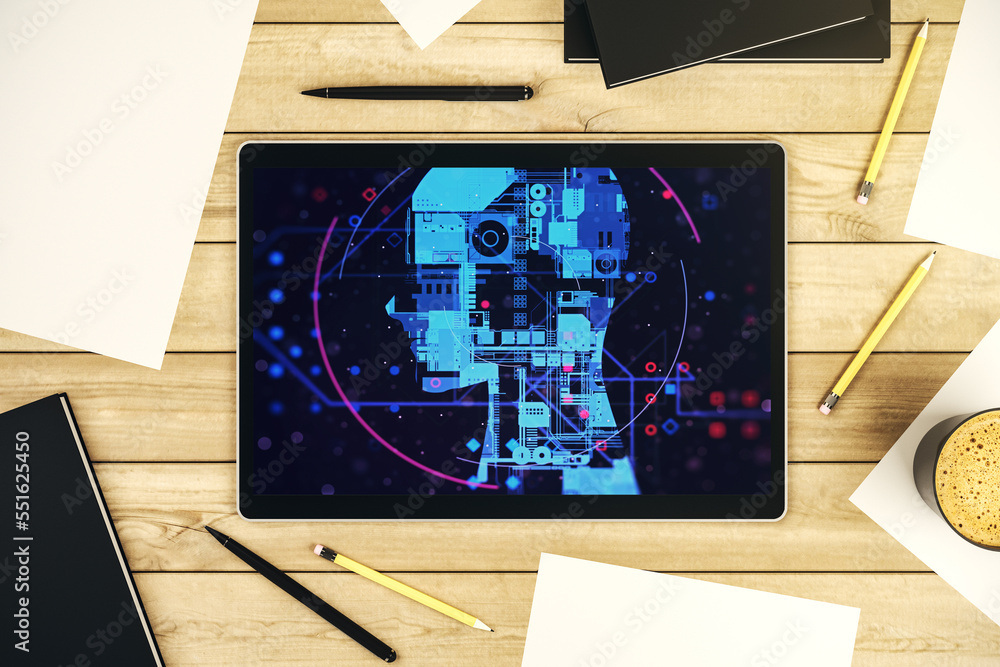 Poster top view of modern digital tablet screen with creative human head microcircuit. future technology an