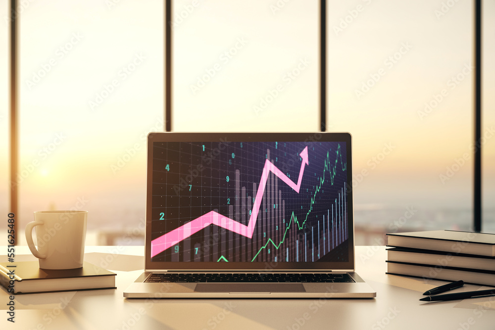 Poster modern computer screen with abstract creative financial chart and upward arrow, rise and breakthroug