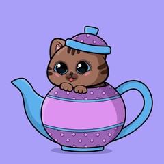 Creative concept food illustration pet cats floating in teapot and sweet drink tea coffee.