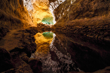 Play of light and color in the Cueva de Los Verdes in Lanzarote