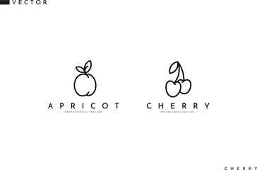 Fruit with leaves outline style. Apricot and cherry logo