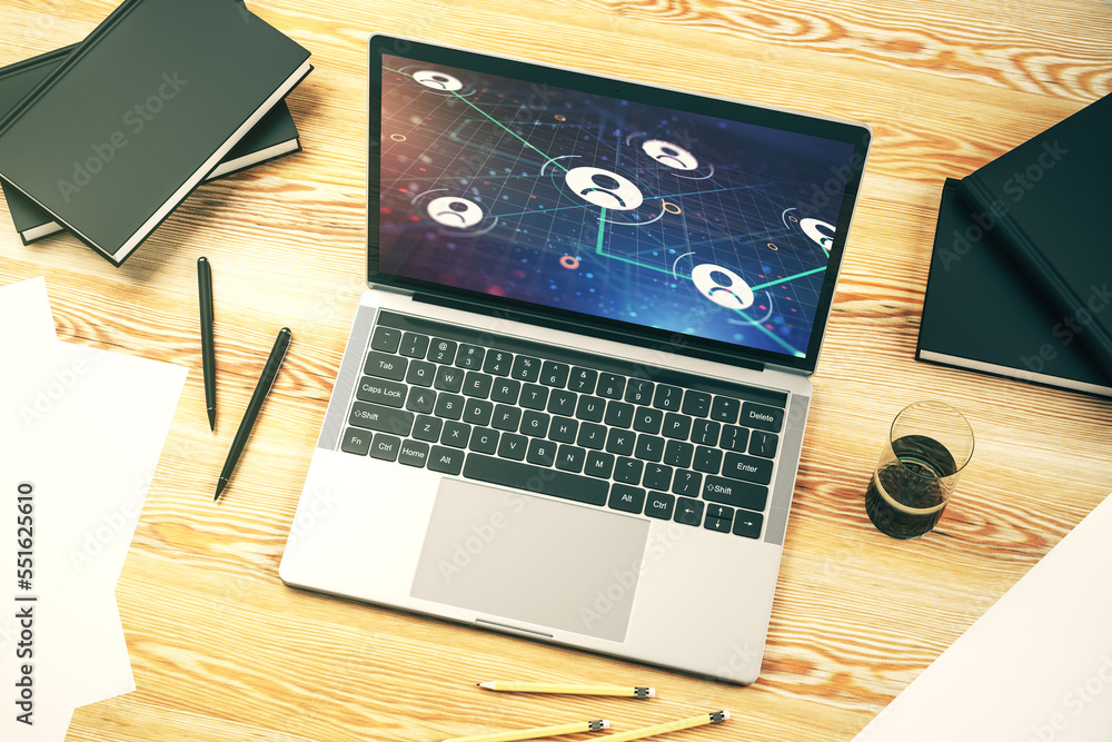 Poster Modern computer display with social network icons concept. Networking concept. 3D Rendering