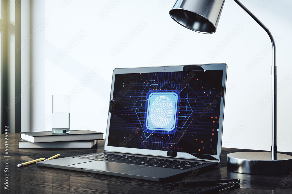 Fototapete Modern computer display with abstract graphic fingerprint sketch, fingerprint scan data concept. 3D Rendering