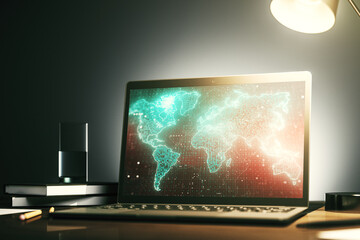 Abstract graphic world map on modern laptop screen, connection and communication concept. 3D Rendering