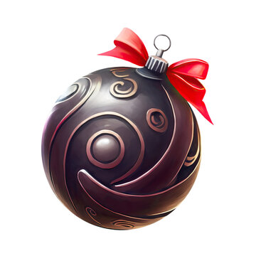 Black Christmas Bauble Decorated With Red Ribbon, Digital Illustration Cut Out