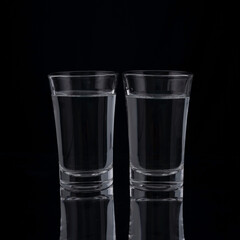 shot glasses with vodka on a black background