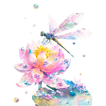 Pink water lily flower with leaf, dragonfly and dew drops, watercolor illustration isolated on white background