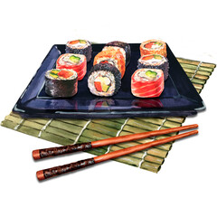 Watercolor illustration sushi rolls set serving on special black tray, and of wooden carpet, bamboo sushi mat and chopsticks.