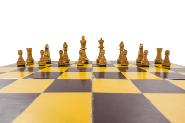 Worn vintage wooden chess set isolated with cut out background. 