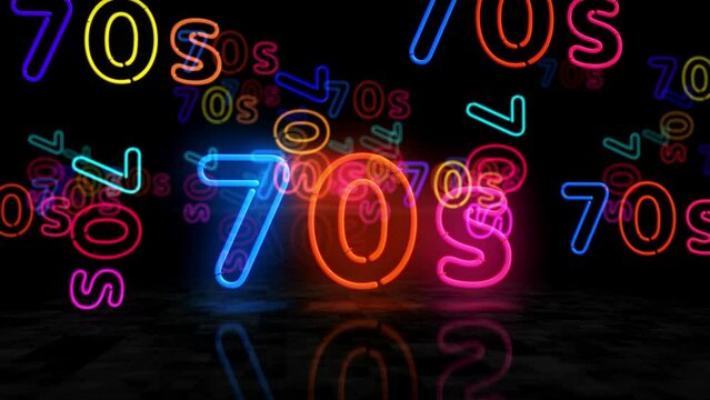 70s neon glowing symbol. Light color bulbs. Retro 1970, seventies nostalgia and vistage party style abstract concept 3d animation.