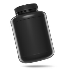Black plastic jar for sport nutrition whey protein powder isolated on white