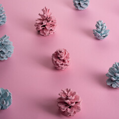 minimal composition christmas pattern christmas cones painted pink blue color