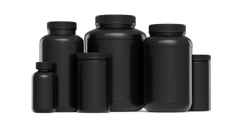 Set of black plastic jar for sport nutrition protein powder isolated on white