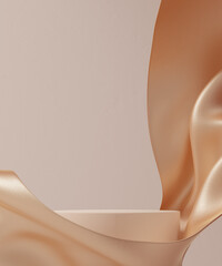 Luxury background for branding and product presentation. Beige color podium on gold fabric flying wave. 3d rendering illustration.
