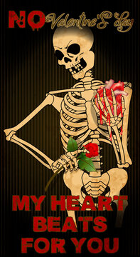 Anti Valentines day card, My heart beats for you. Skeleton holding a flower rose and heart vector illustration