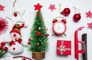 Winter festive Christmas and New Year symbols flat lay background