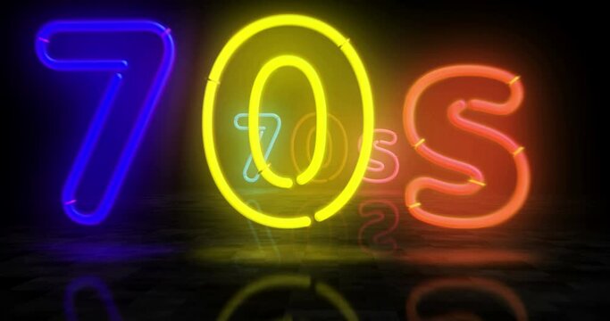 70s neon symbol. Light color bulbs. Retro 1970, seventies nostalgia and vistage party style abstract seamless and loopable concept. 3d flying through the tunnel animation.
