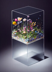 Plants and flowers in glass cube. Growth and ecosystem concept. Digitally generated image.