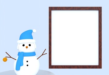 Snowman Christmas Card, Blue Santa Snowman Hat, Christmas Hat, Winter Christmas Snowflake Frame, Blue Background, New Year, Winter Holidays