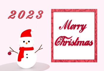Fototapeta na wymiar Snowman Christmas Card, Red Santa Snowman Hat, Christmas Hat, Winter Christmas Snowflake Frame, Red Background, New Year, Winter Holidays