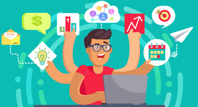 Man doing many tasks at same time. Male employee trying to deal with deadlines. Overworking, overload at work concept. Person with many hands coping with multitasking, time management, planning