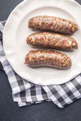 meat sausage green herb fresh ground pork, beef, chicken meal food snack on the table copy space food background rustic top view