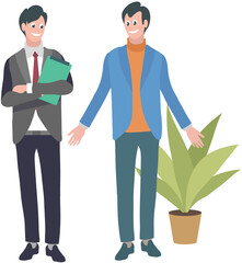 Teamwork concept with two men solving tasks together, standing and communicating. Boss talking to subordinate in office. Collaboration employees talking, discussing plan, working issues at meeting