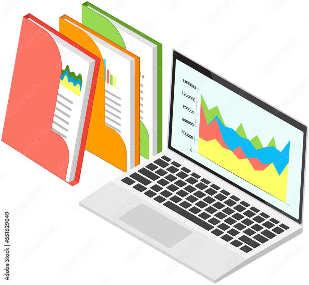 Poster financial accounting and work with statistics concept. business process diagram document with report
