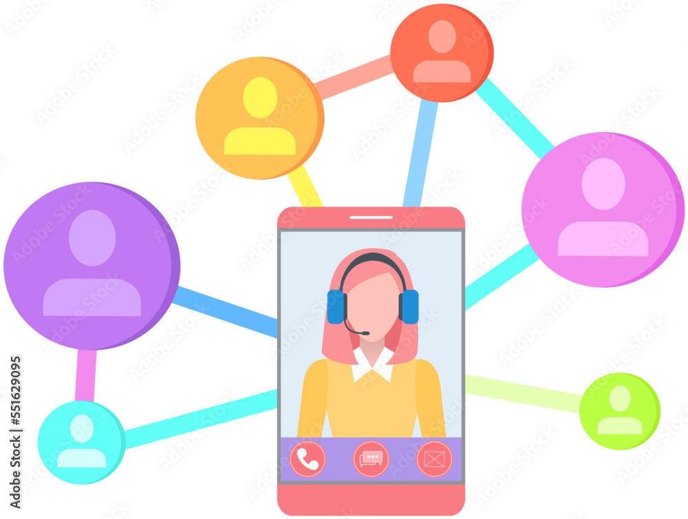 Poster operator of call center in headset working at workplace and consulting customers online with mobile 