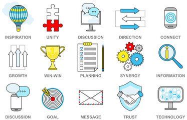 Business icons set. Linear vector signs for web design, management, finance, strategy, marketing. Graphic interface symbol unity, planning, synergy, message, trust technology information connect
