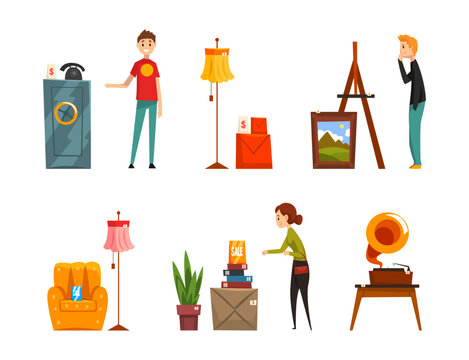 Flea Market with People Character Selling Second Hand Goods Vector Set