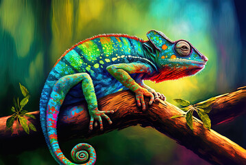 Colorful chameleon panther perched on a branch. Generative AI - obrazy, fototapety, plakaty
