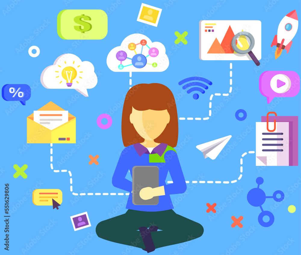 Poster woman sharing in social media, internet app signs set. phone applications and network symbols. icons