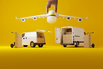 Two delivery white vans with cardboard boxes with hand holding airplane over them on yellow...