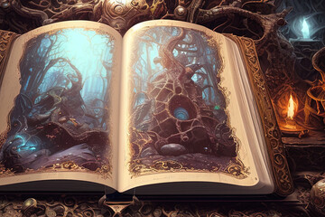 magic spell book sitting on a table in the catacombs, hypermaximalist, insanely detailed and intricate
