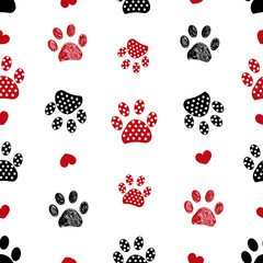 Black and red paw prints. Happy Valentine's Day seamless fabric design pattern - 551630496