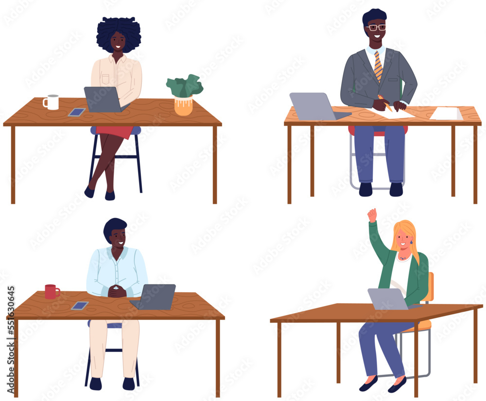 Poster office staff, work and communication. head and subordinates. various workers, managers team. top man