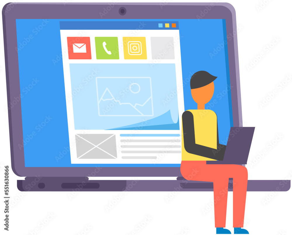 Aufkleber social network web site surfing concept. designer, developer using profile web interface, online com