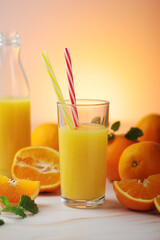 Obraz na płótnie Canvas Oranges and orange juice in glasses 