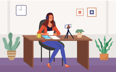 Podcaster woman character in office room interior. Girl listening audio podcast and speaking at live streaming use smartphone and laptop on her vlog. Podcaster making, blogger, technology concept