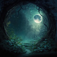 Fairy-tale night forest with bizarre trees in the form of an arch, moonlight, magical, mysterious forest. AI