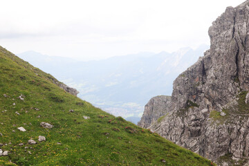 Fototapeta na wymiar Panorama of Alps opening from Fellhorn peak, Bavaria, Germany 