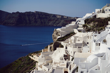 View of Oia with traditional white buildings, Santorini, Greece