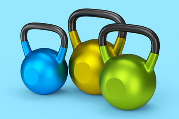 Set of gym kettlebells for workout isolated on blue background