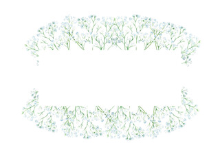 Watercolor horisontal frame with gypsophila branches. Botanical illustration isolated on white background. Can be used for wedding, greeting cards, baby shower, banners, blog templates, logos and