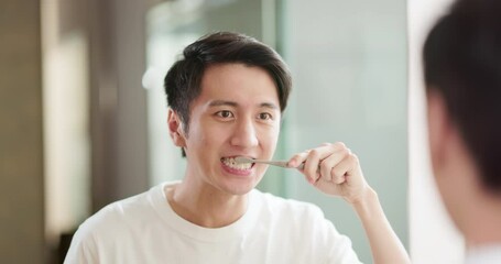 Asian man brushing teeth - Powered by Adobe
